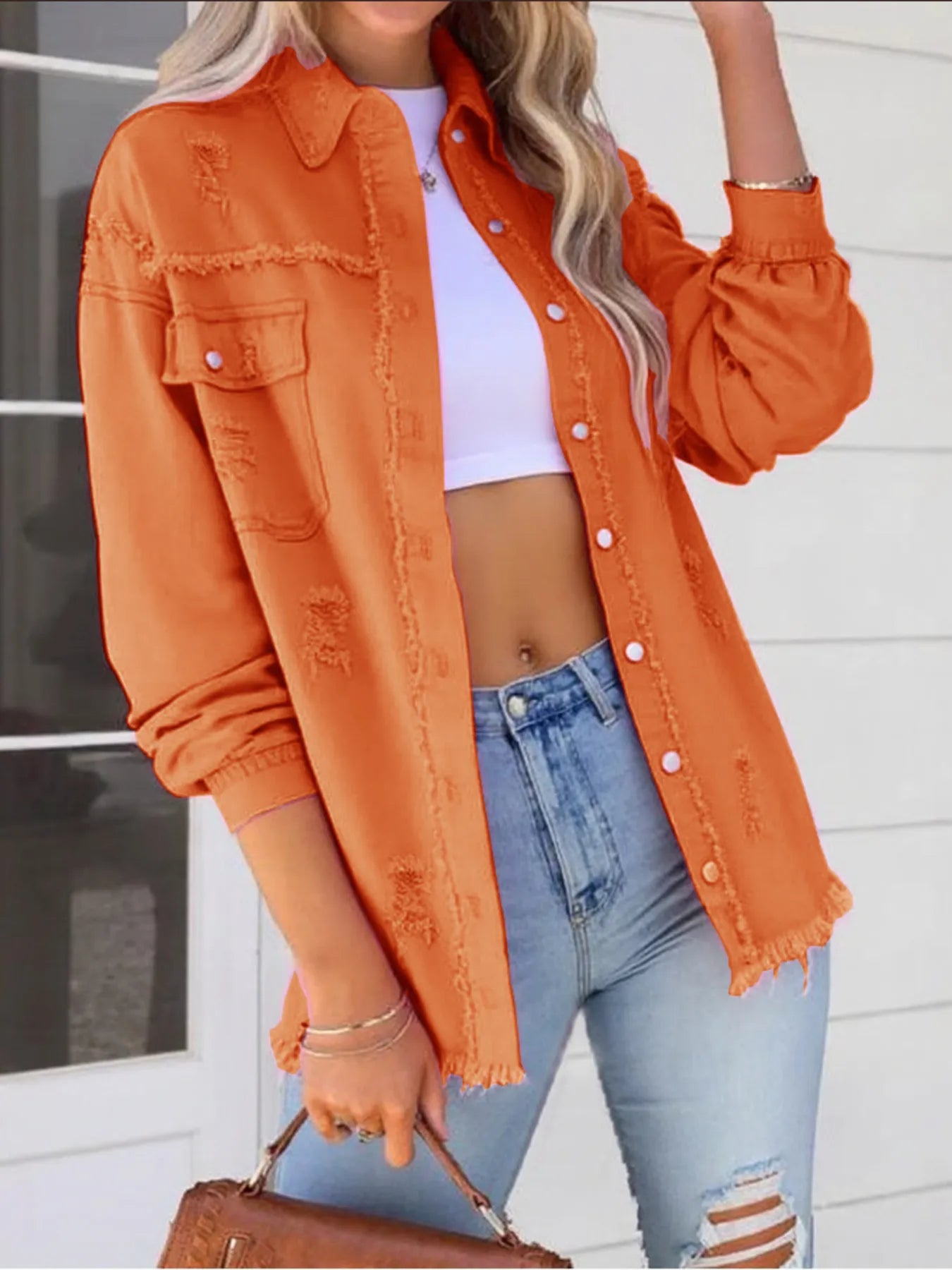 Distressed Denim Jacket with Frayed Edges Orange c96403b67c334487a6e1a31437ef417d-Max-Origin