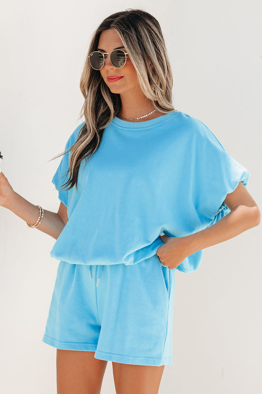 Light Blue Solid Color Puffy Loose Top Drawstring Shorts 2pcs Outfit c965729c5592f66b