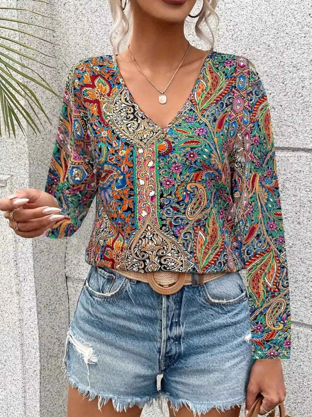 Printed V-Neck Long Sleeve Blouse c96ab0a0-8d68-459d-81e9-ac2bb345cff7-Max-Origin