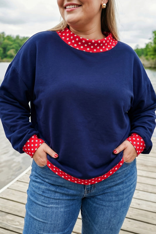 Dirty blue ka Dot Patchwork Round Neck Plus Size Sweatshirt c96b7abfc8ccba3c