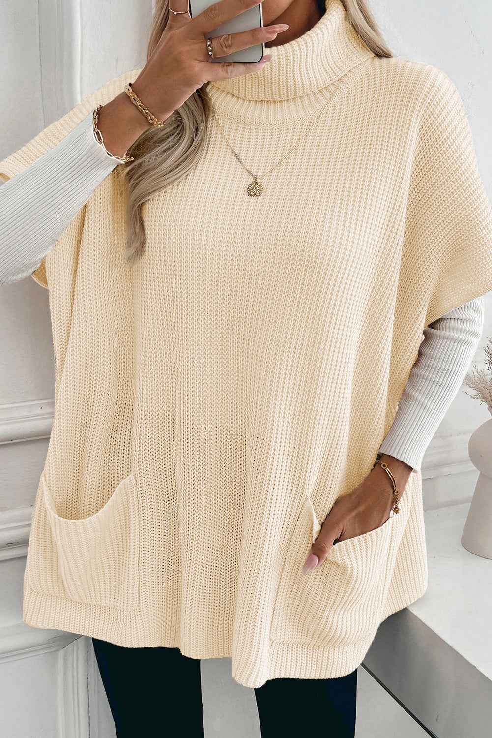 Jet Stream Plain Knit Casual Turtleneck Short Sleeve Tunic Sweater with Pockets Jet Stream 100%Acrylic c96ed71b86e90673