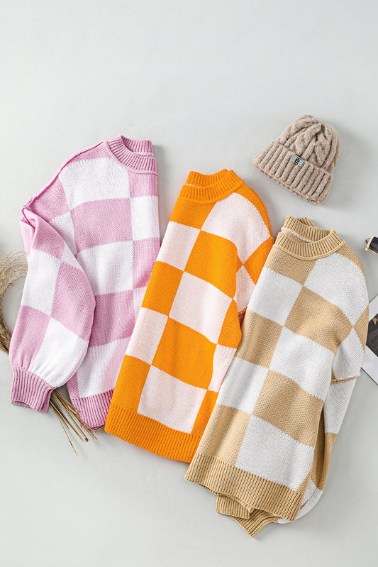 Pink Checked Bishop Sleeve Pullover Sweater c975af76de4dab9f