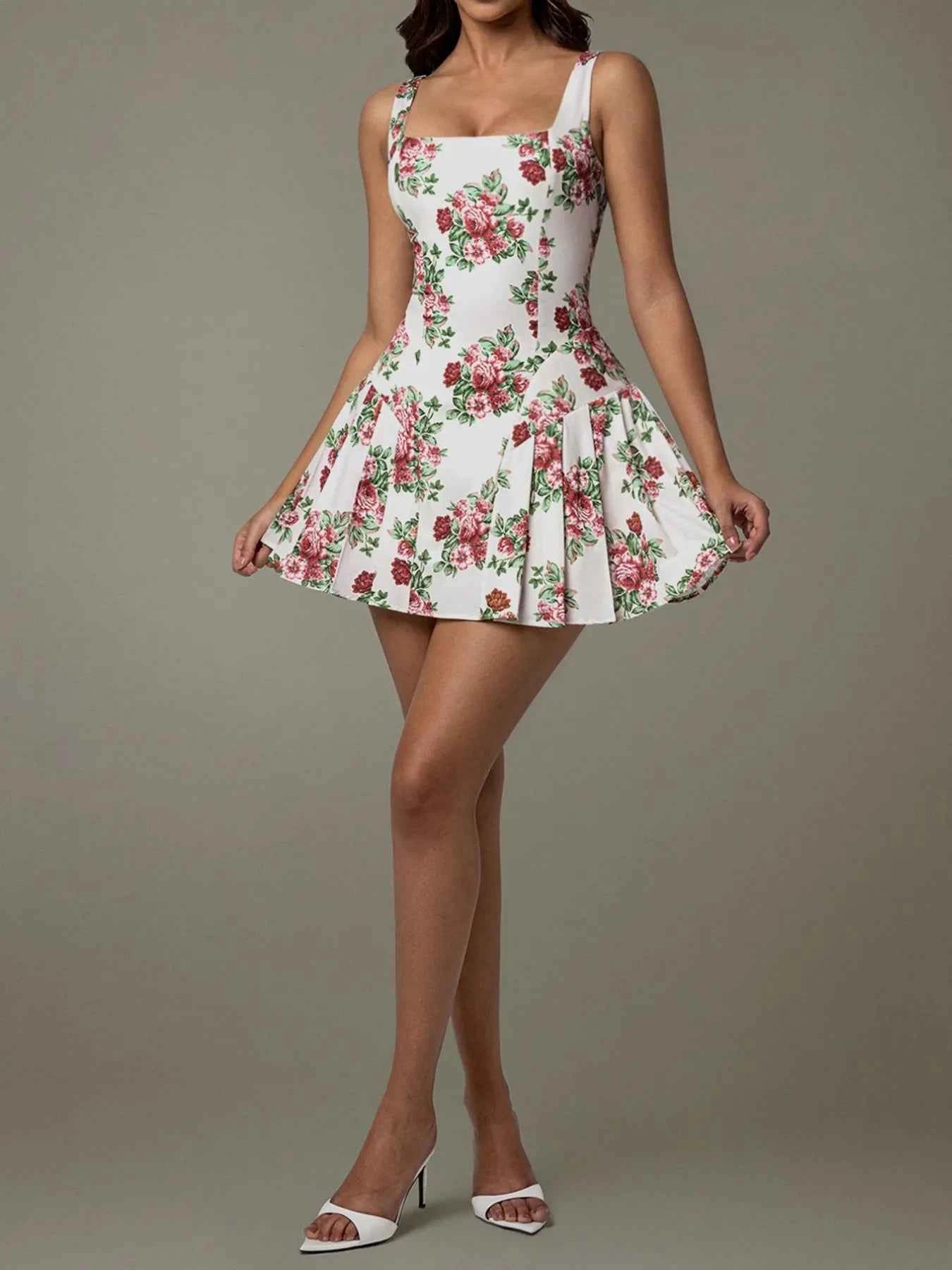Pleated Floral Print Square Neck Mini Dress c977256b-b15f-42fd-969c-2675ae94f66e-Max-Origin
