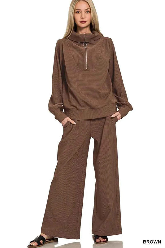 Zenana Ribbed High Neck Half Zip Pullover & Pants Set BROWN c982801b932b41cea4f65a2cadc2408e-Max-Origin