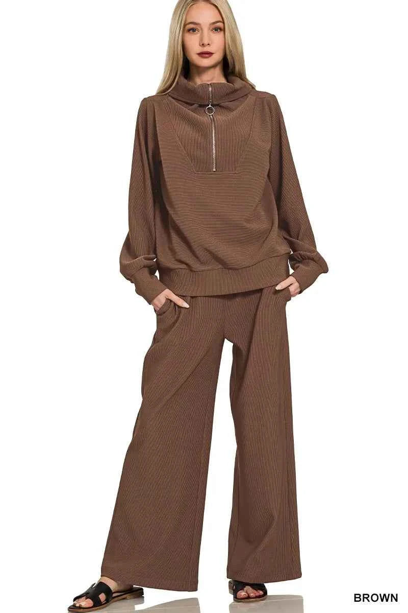 Zenana Ribbed High Neck Half Zip Pullover & Pants Set