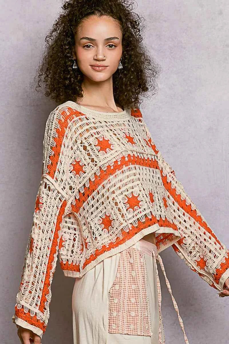 POL Boat Neck Long Sleeve Crochet Top with Granny Square Weaving c98852f5-a6a3-4cdb-a775-173b96249594-Max-Origin