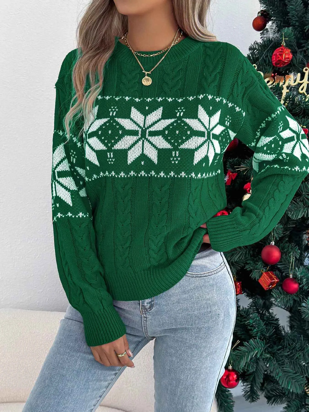 Christmas Snowflake Cable Knit Sweater Green c98c7b2b09214985aed77749cb198994-Max-Origin