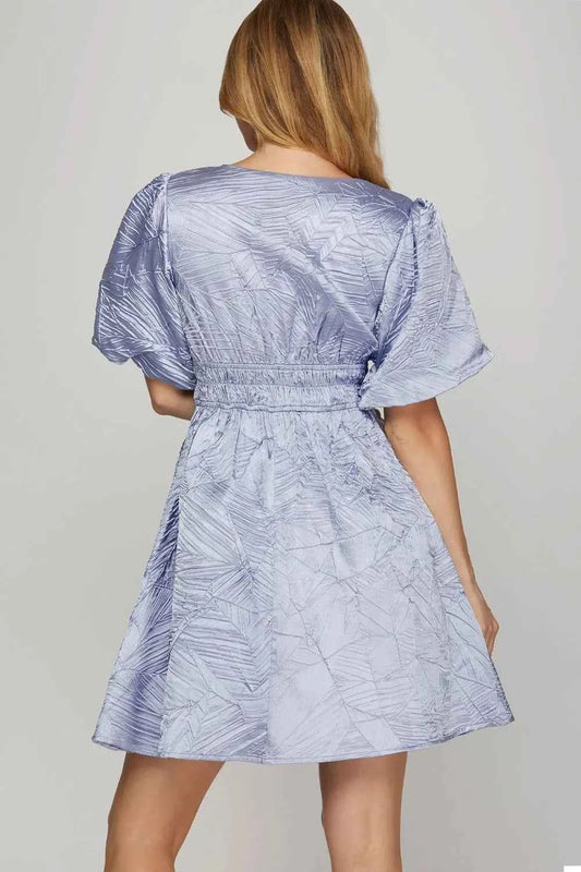 She + Sky Crinkle Woven V-Neck Balloon Sleeve Mini Dress c98cdc12-adbd-4ad2-b3db-8366be49311c-Max