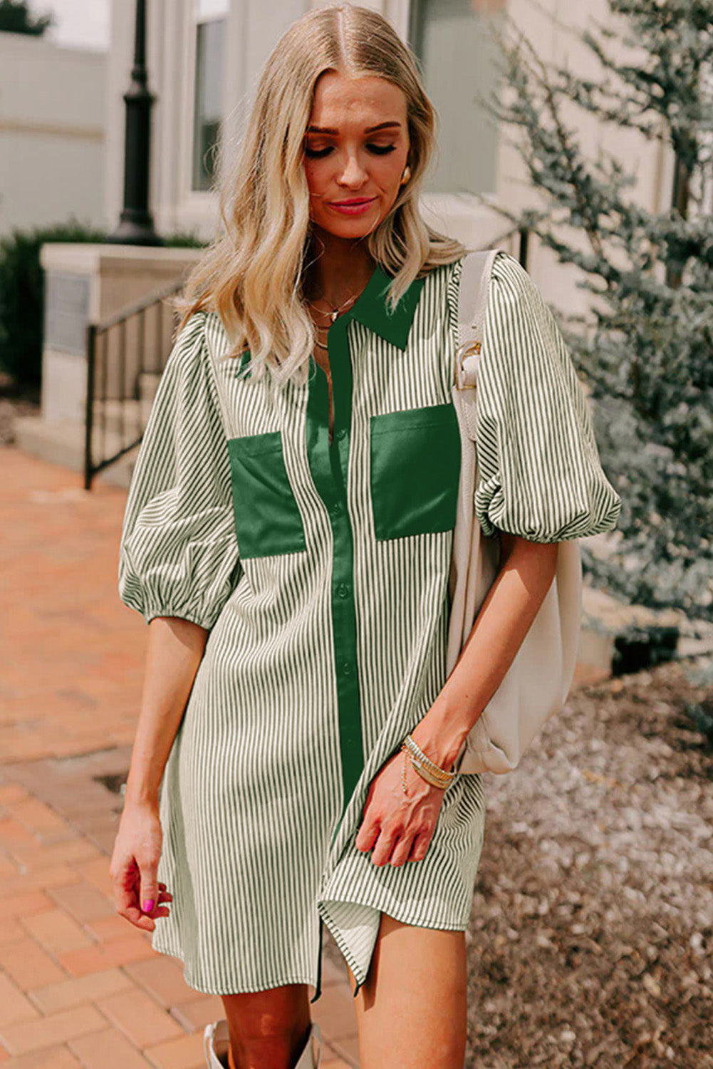 Green Stripe Color Block Patchwork Shirt Collar Button Down Puff Sleeve Mini Dress c990c7df6381d7ea