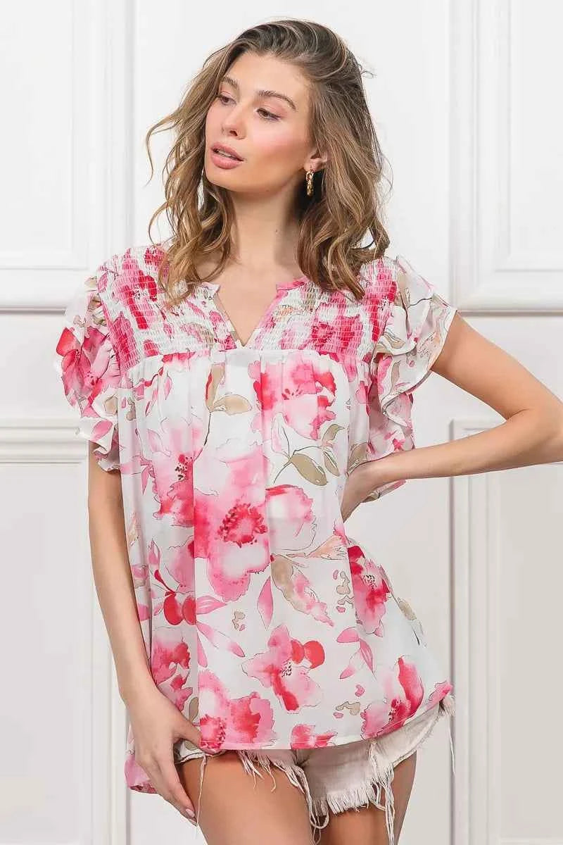 BiBi Floral Print Flutter Sheer Top FUCHSIA WHITE c99101fa3ec84e069c9574c5f242f6d8-Max-Origin