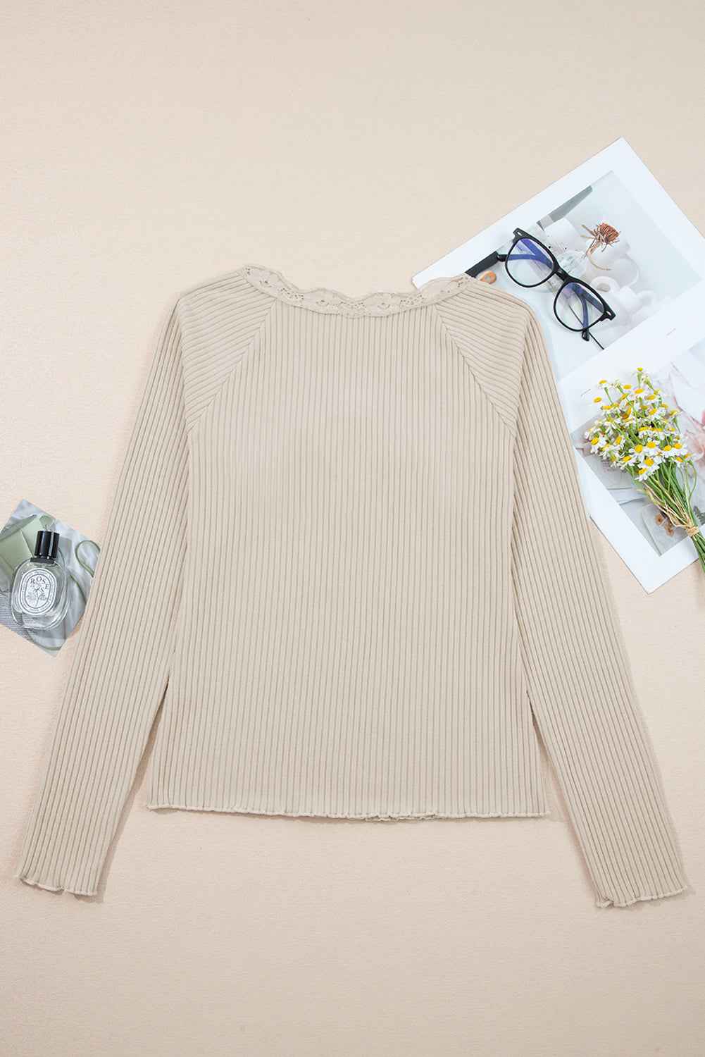Beige Lace Neckline Button Decor Lettuce Edge Long Sleeve Ribbed Top c992061a45130e7f