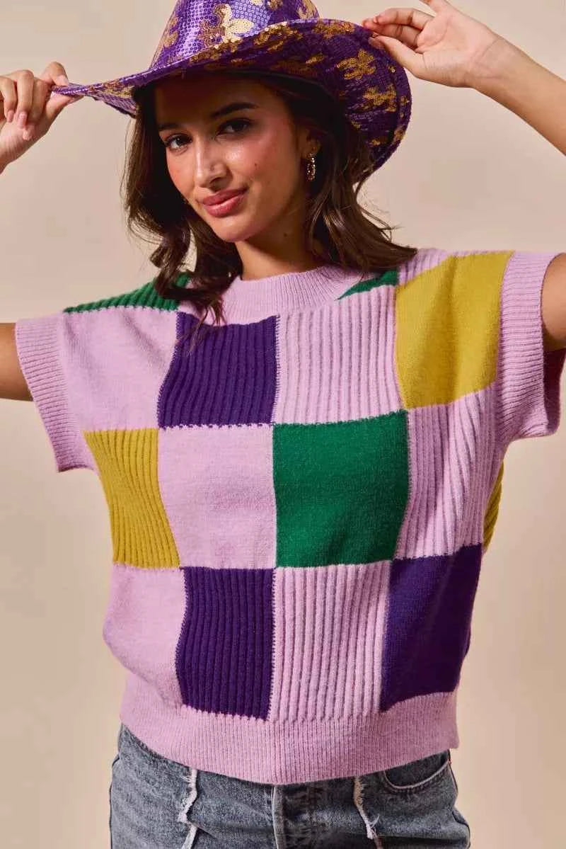 SO ME Mardi Gras Check Plaid Casual Sweater Top c9943728758c46a999f4b96c0fdaac0c-Max-Origin
