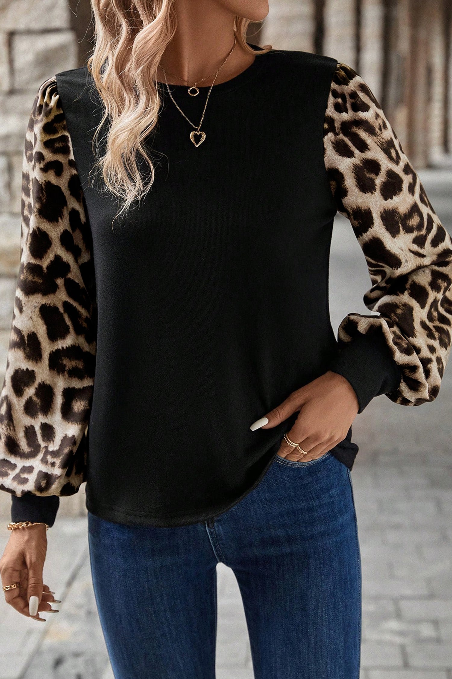 Khaki Leopard Puff Sleeve Patchwork Top c9961259c05e6010