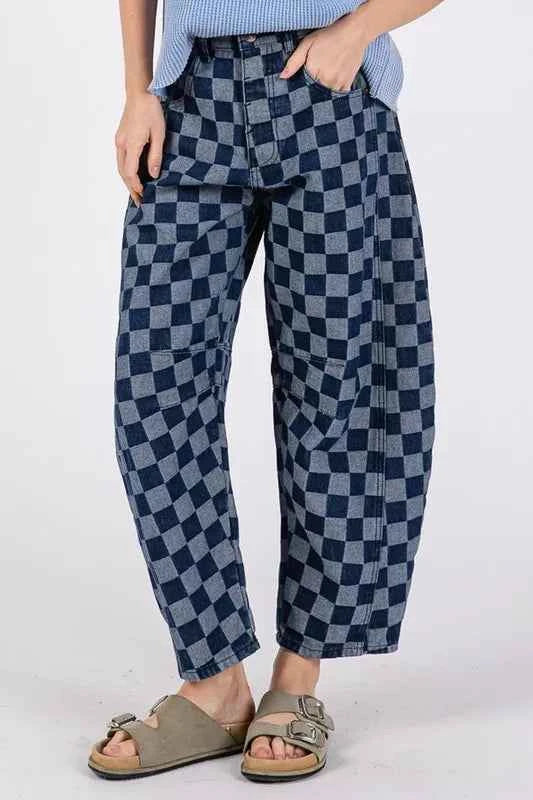 SAGE+FIG Barrel Style Leg Checkered Print Jeans c997b0565f9f487fa926160d63b26756-Max-Origin