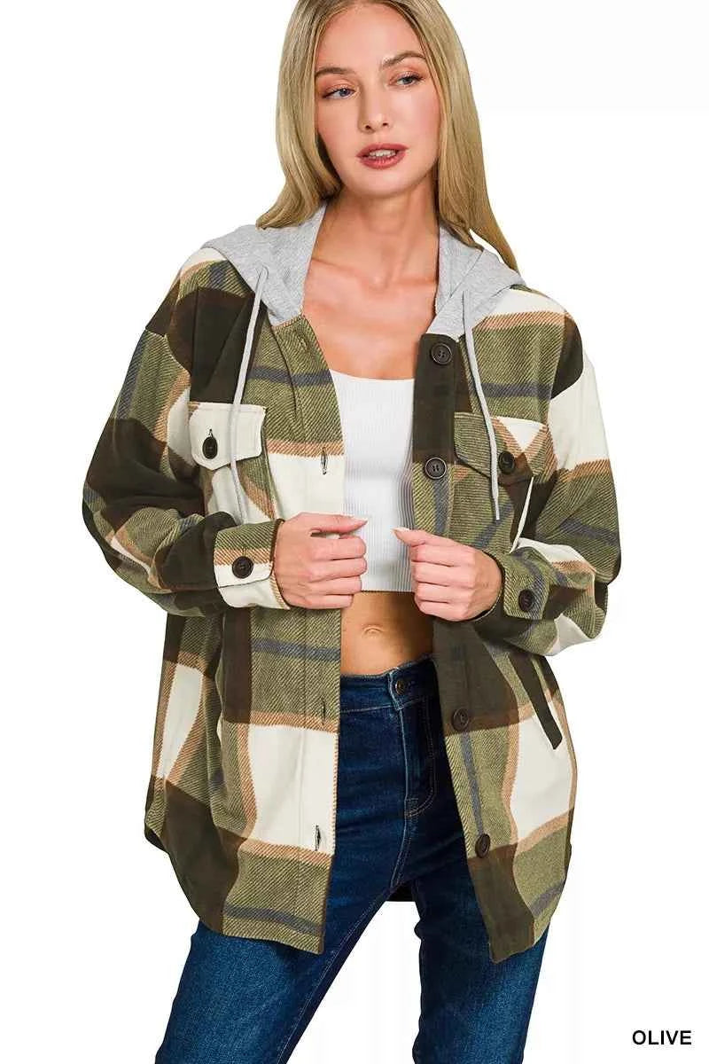 Zenana Plaid Drawstring Hooded Fleece Shacket c9981f1d92f34fb792ed3ea2abc2527c-Max-Origin