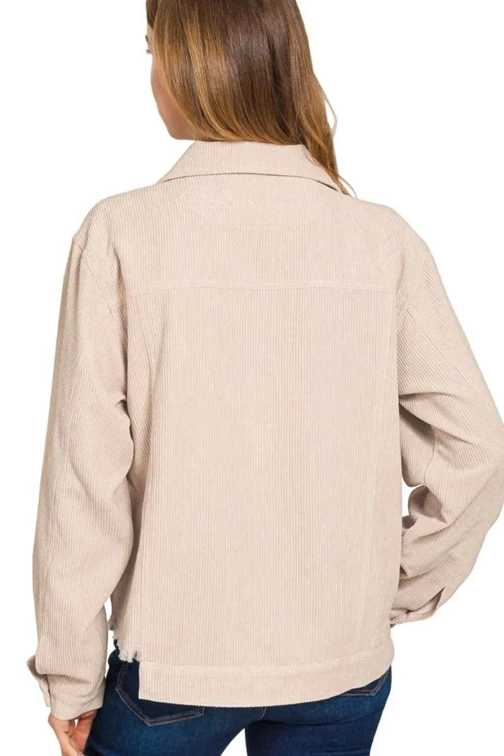 Zenana Distressed Corduroy Frayed Hem Cropped Jacket c99b9f63-b588-4fd6-b75f-b856281c531d-Max-Origin
