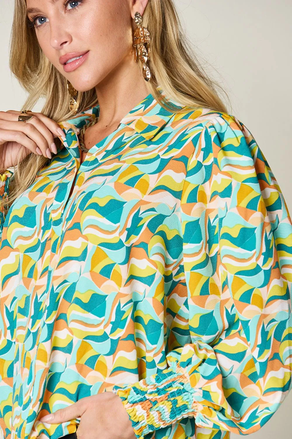 Double Take Full Size Printed Smocked Long Sleeve Blouse c9a24875-469a-4933-b0d0-8203145fb214-Max
