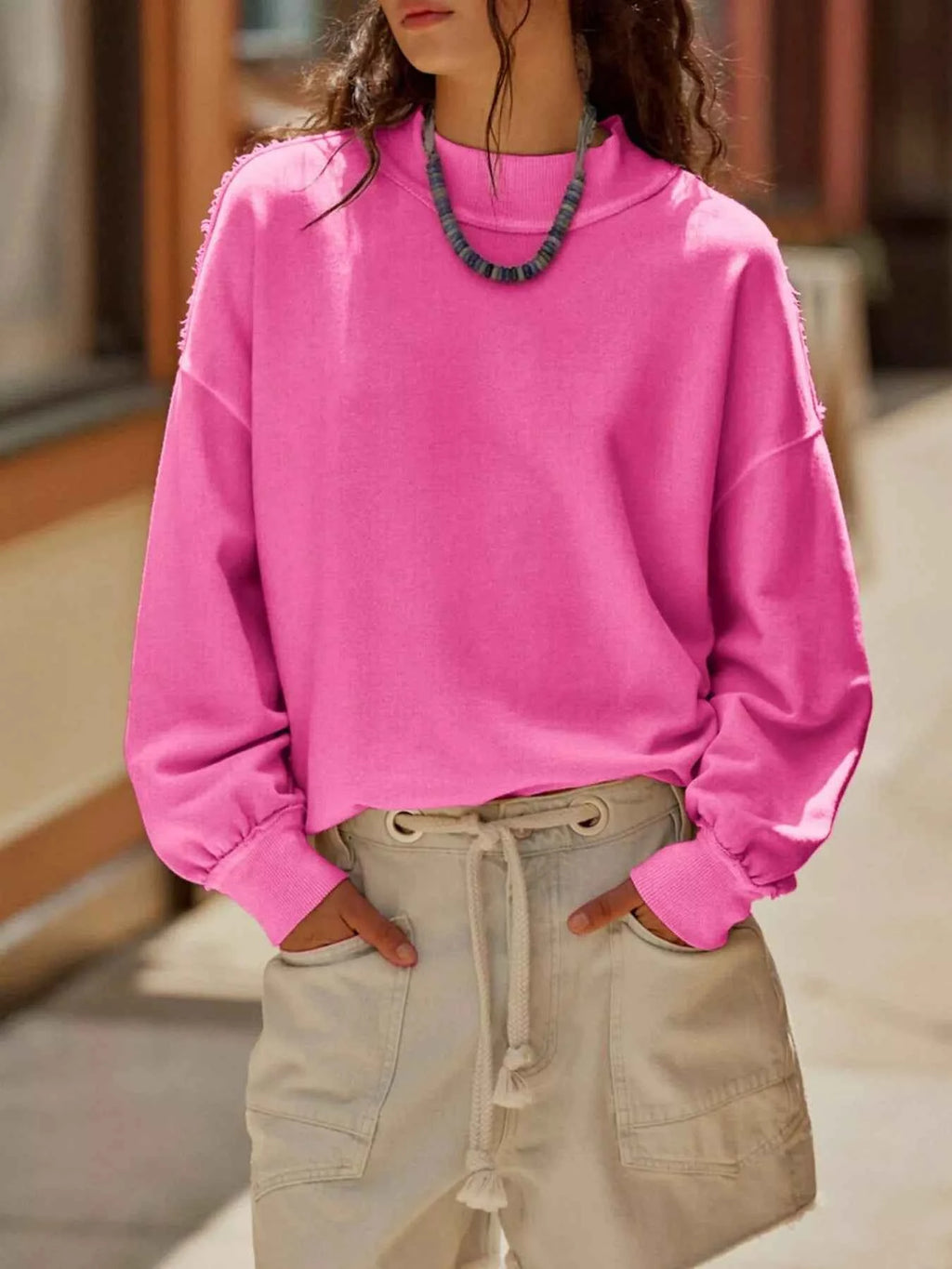 Exposed Seam Dropped Shoulder Sweatshirt Hot Pink c9a41146-1ad0-4ef2-8dd2-45e970e6056f-Max-Origin