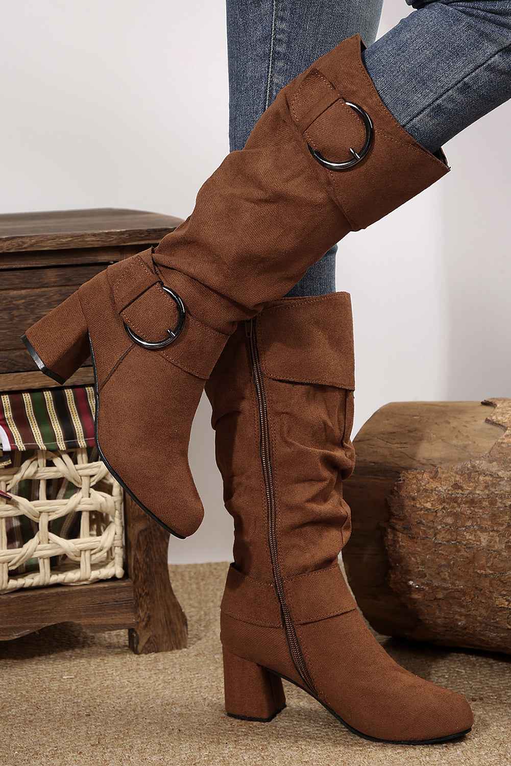 Coffee Suede Double Buckled Side Zipped Mid-calf Boots Coffee 100%Polyester+100%TPR c9a51ba5d92c3802