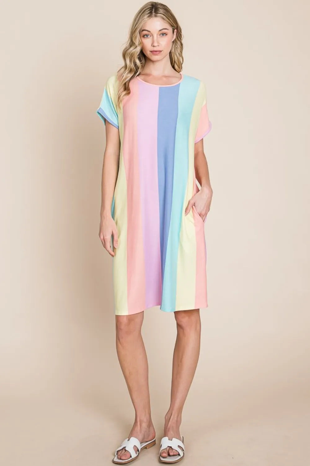 BOMBOM Striped Short Sleeve Dress with Pockets c9a86bd5-55e3-493f-b69e-722458437502-Max
