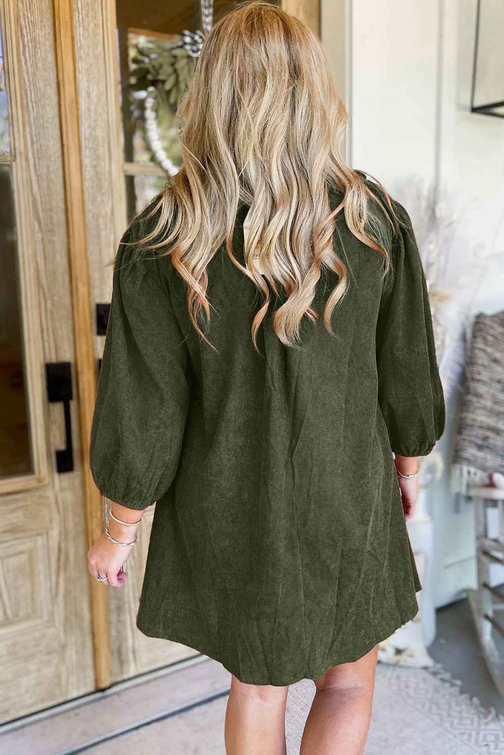 Moss Green Split Neck Scallop Detail Pleated Corduroy Mini Dress c9a9f167049e24b2