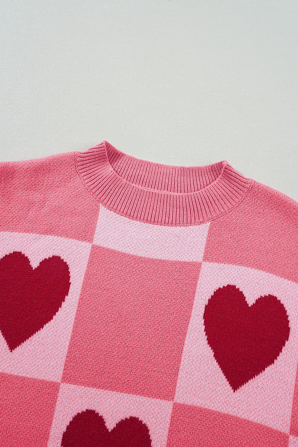Pink Plus Size Heart Checkered Colorblock Lantern Sleeve Sweater c9ad5bbcfa7d9d43