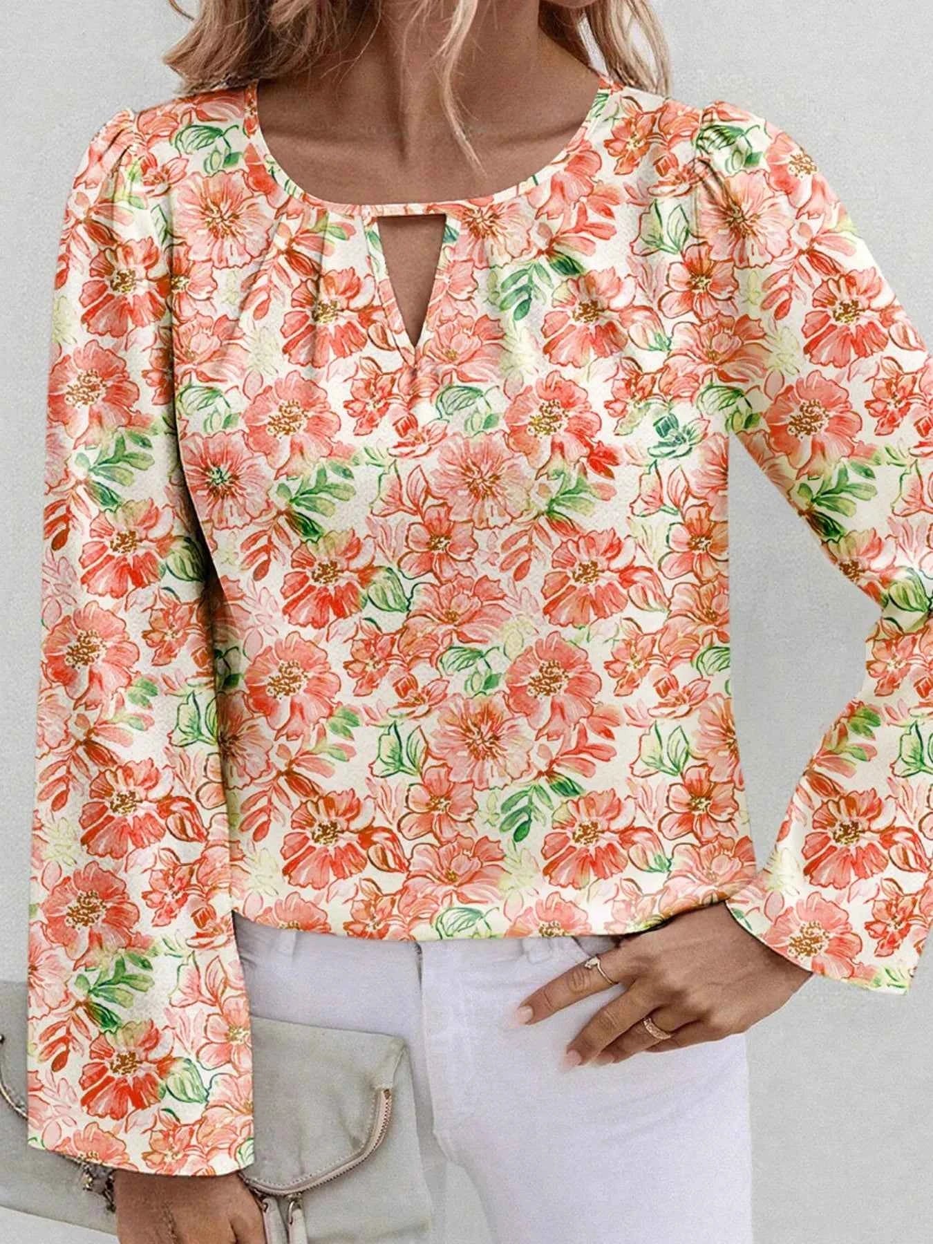 Floral Print Keyhole Neck Blouse Sherbet c9ad7a13ebe1403580a46e3674ee8ff3-Max-Origin