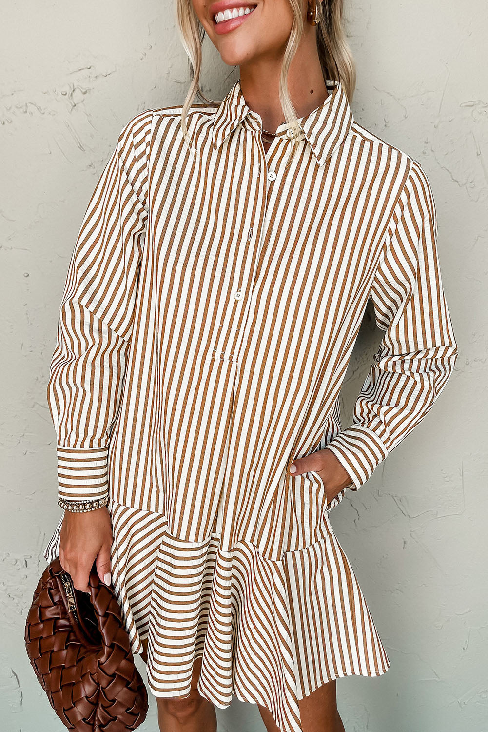 Brown Stripe Ruffle Hem Collared Long Sleeve Shirt Mini Dress Brown Stripe 100%Polyester c9ae5a81f3a2fb1f