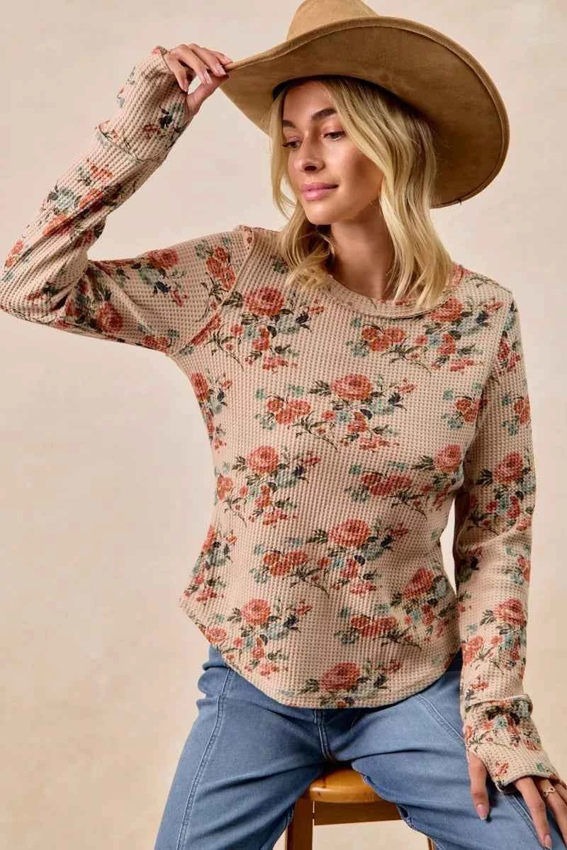 BiBi Floral Print Washed Waffle Thermal Top with Thumb c9af539d96784d7da21a1a08a0a40862-Max-Origin