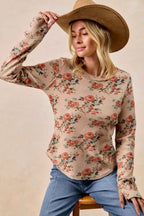 BiBi Floral Print Washed Waffle Thermal Top with Thumb c9af539d96784d7da21a1a08a0a40862-Max-Origin