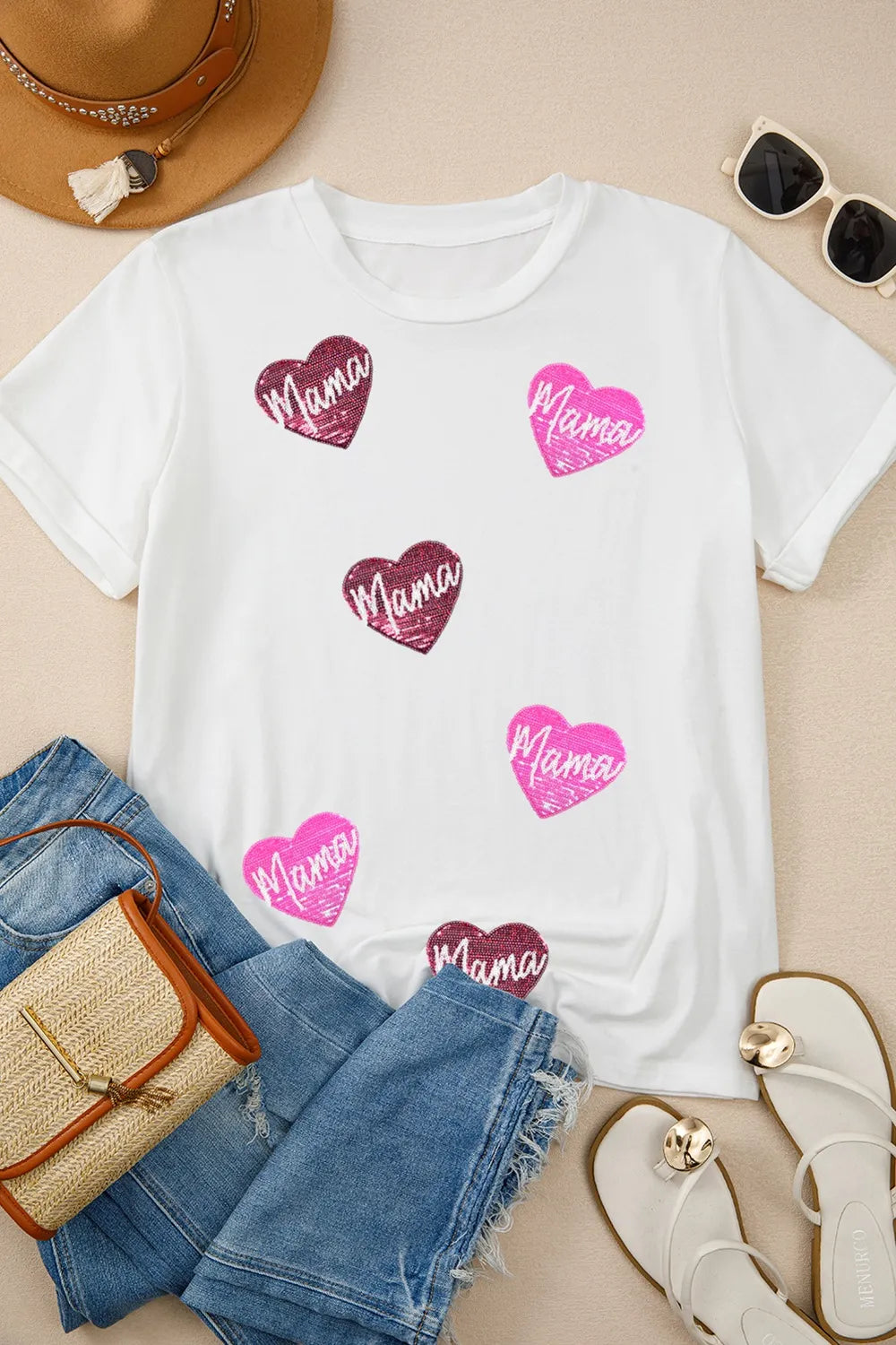 MAMA Heart Shape Sequin Patched Crew Neck T Shirt c9b3d866-9f54-404a-8bdf-7ea8f7daa16a-Max-Origin