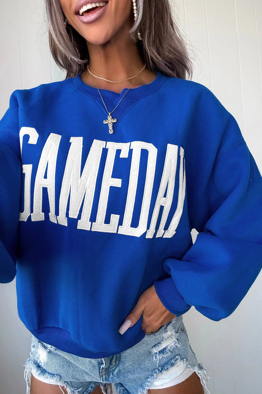 Sky Blue GAMEDAY Embroidered Patch Pattern Casual Shift Sweatshirt Sky Blue 65%Polyester+35%Cotton c9b425bd2de563ca