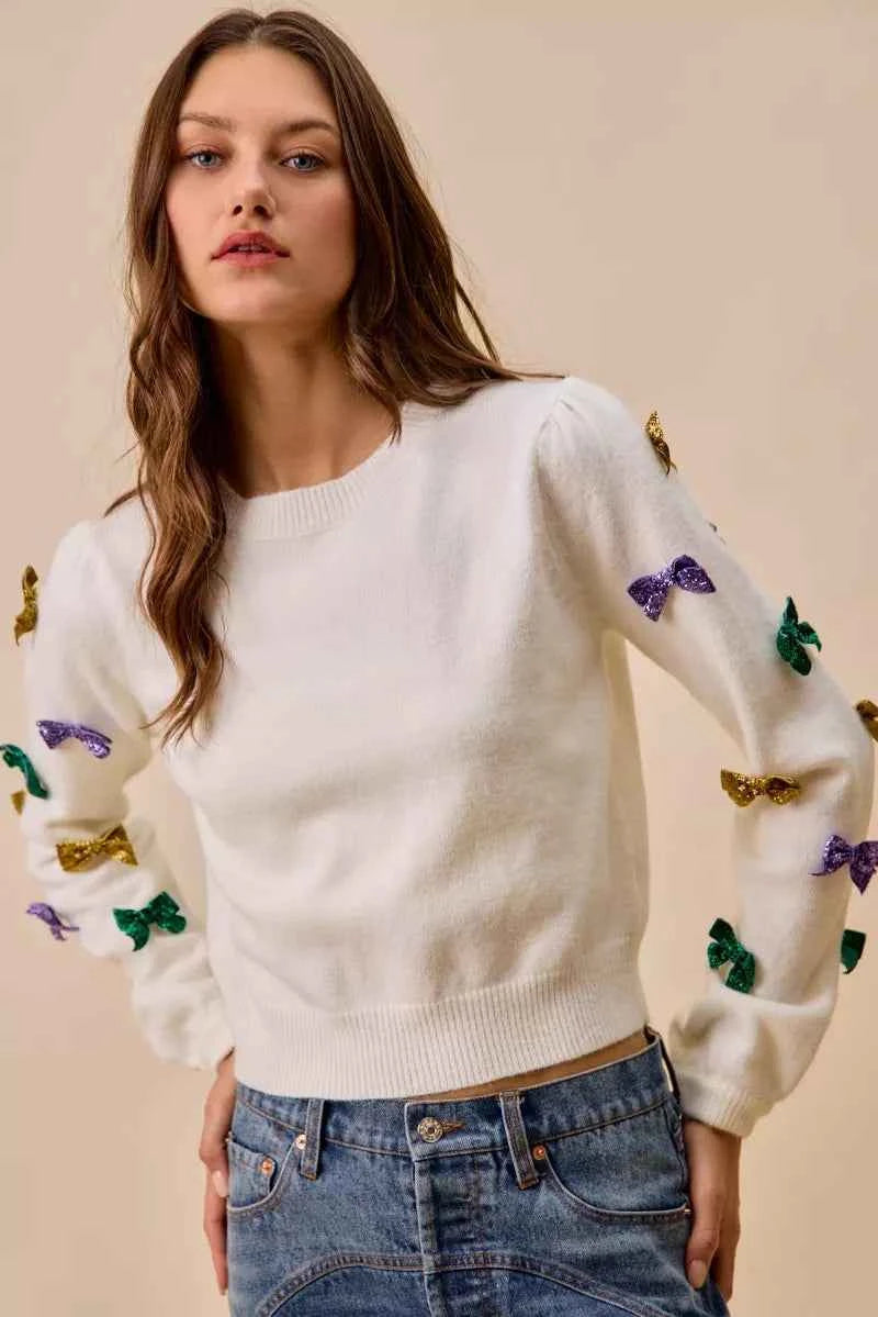 SO ME Mardi Gras Glitter Bow Ribbon Sweater Knit Top c9babb69c05b4f6cbd95835cc68bf4c2-Max-Origin