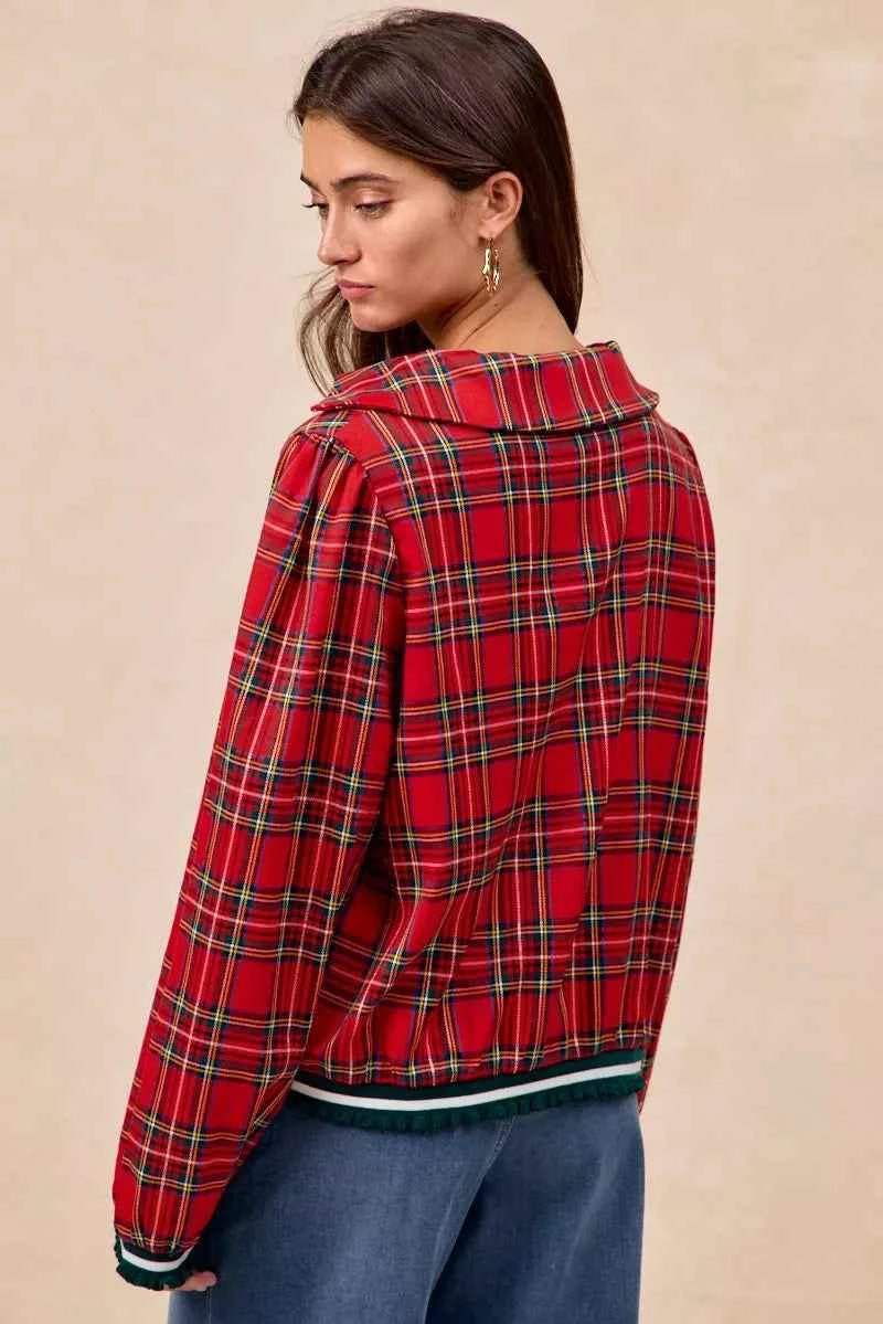 BiBi Christmas Plaid Collared Top with Ruffled Detail c9bbad5201b1461a806dc8dab5a9c95e-Max-Origin