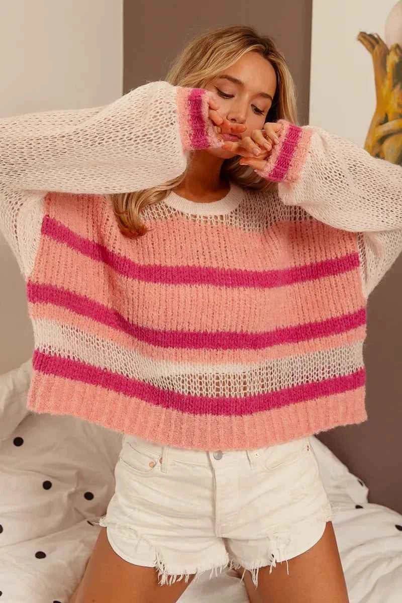 BiBi Hollow Out Yoke Detail Striped Sweater c9bbe7b0339245ea8118078f2638184c-Max-Origin