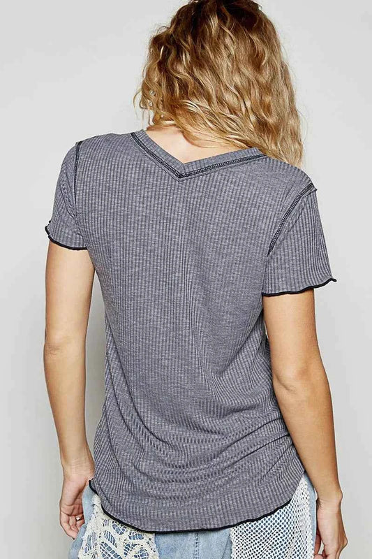 V-Neck Short Sleeve Ribbed T-Shirt with Contrast Overlock Stitching c9bf80e1-1950-4a09-aed9-4366ad291361-Max-Origin