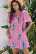 Floral Notched Summer Mini Dress with Striped Trim Fuchsia Pink c9c08e47-e0a2-4b88-85e2-92b988c469c6-Max-Origin