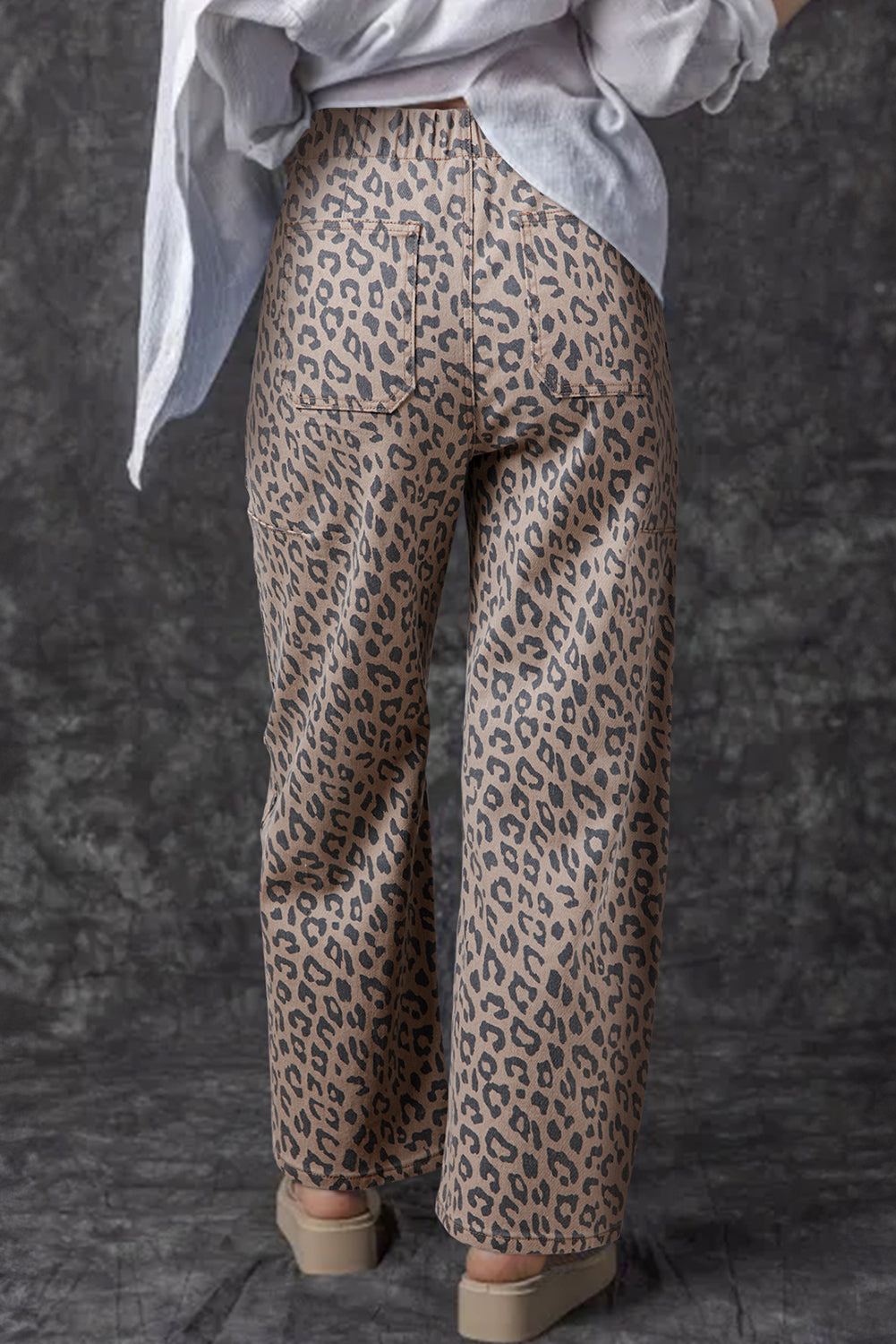 Khaki Leopard Print Drawstring Waist Pocketed Wide Leg Jeans c9c128f0afe423cd