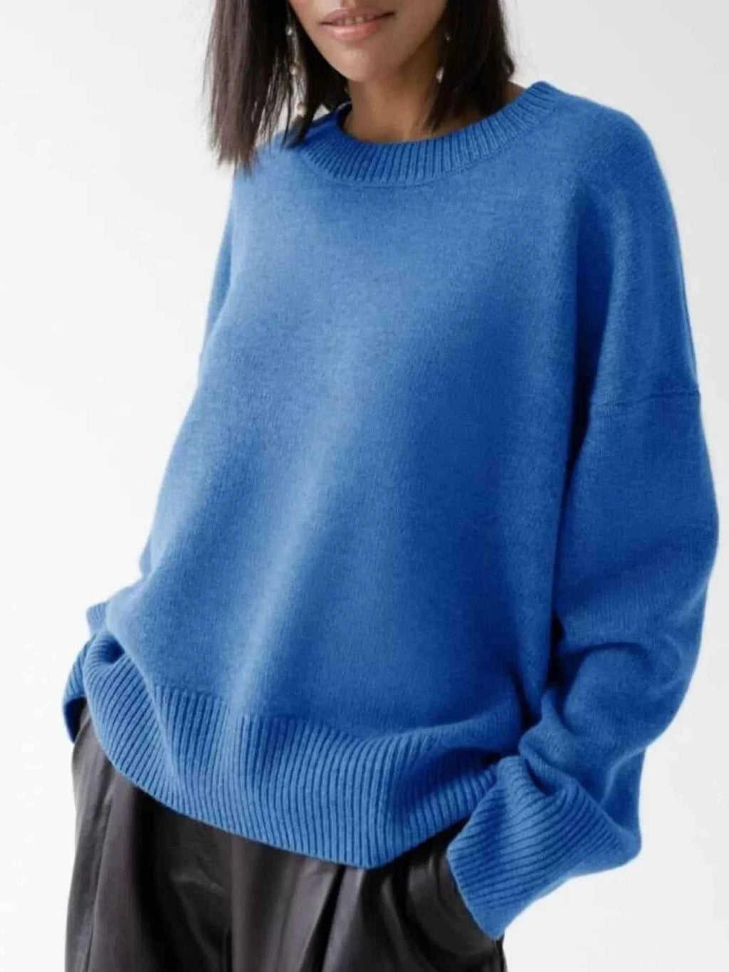 Ribbed Hem Round Neck Sweater Dusty Blue One Size c9c1e952-80a0-4cbd-84f4-543943a58ebc-Max-Origin