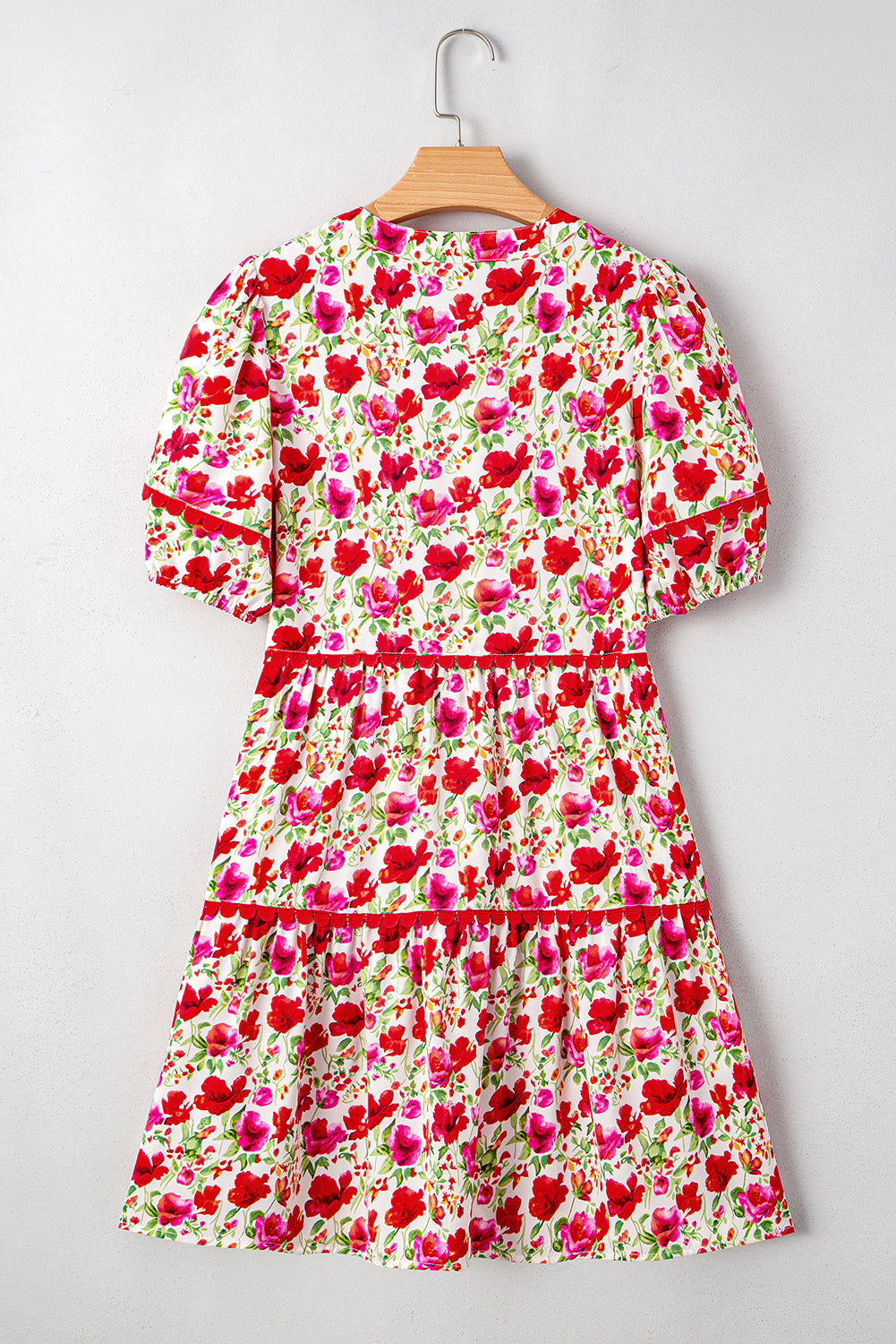Red Floral Puff Sleeve Tiered Ric Rac Pocketed Mini Dress c9c31b2460f69b14