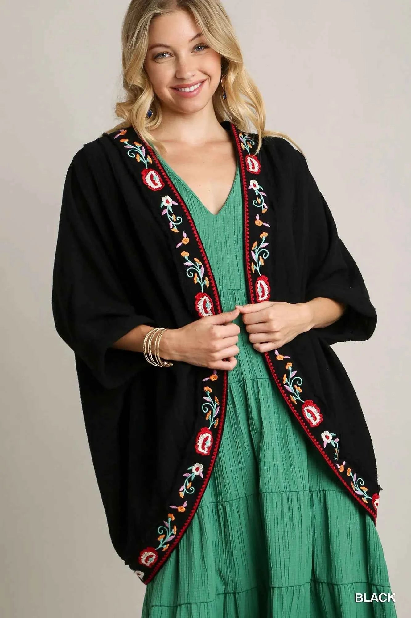 Embroidery Open Front Kimono with Pleated Shoulder Detail Black c9cd1003-baae-4522-b51e-1767a3f0f304-Max-Origin