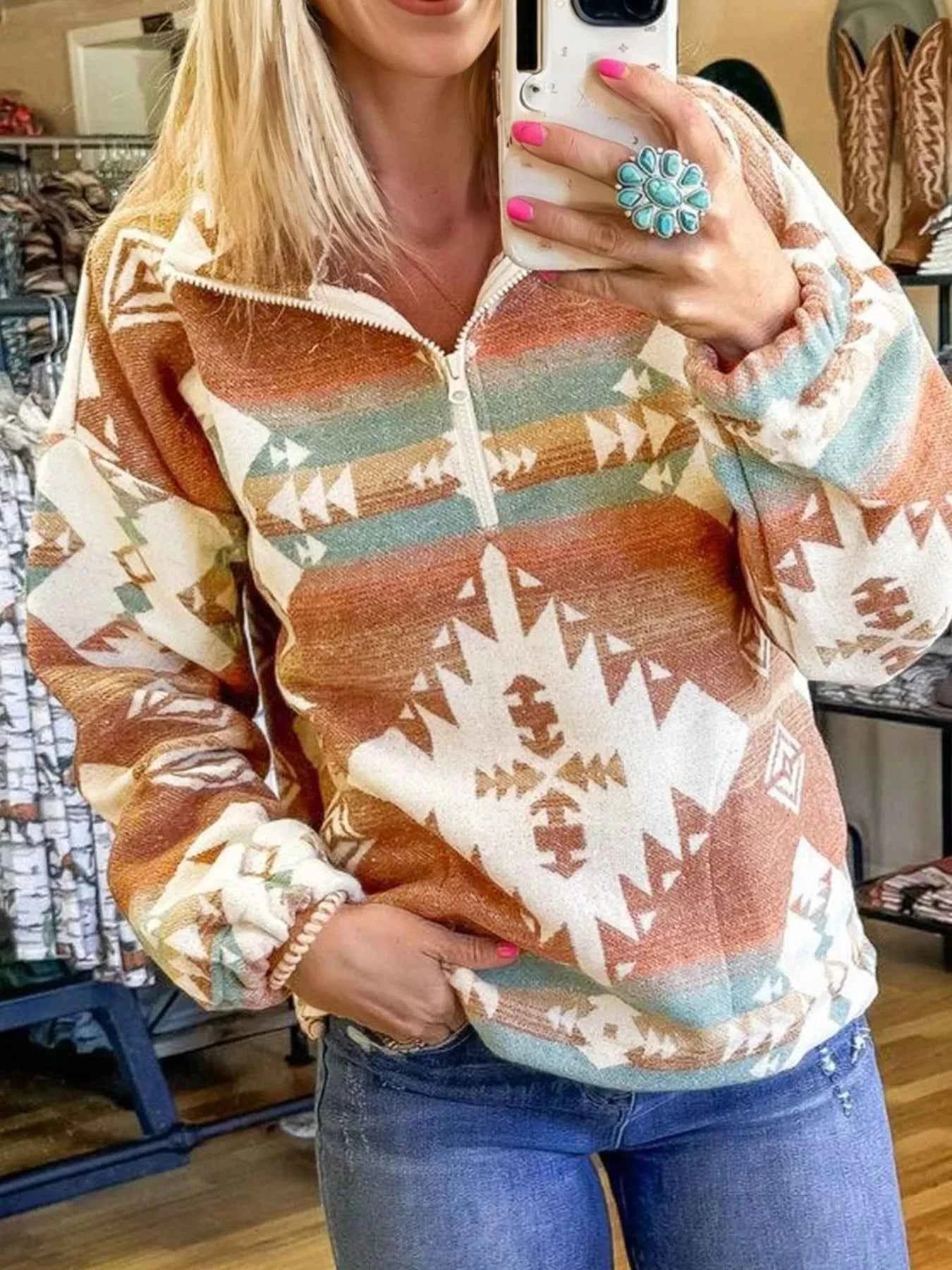 Quarter Zip Elastic Cuffs Aztec Sweatshirt Camel c9cff03a-31ec-4ddb-a55a-b637501226f2-Max-Origin