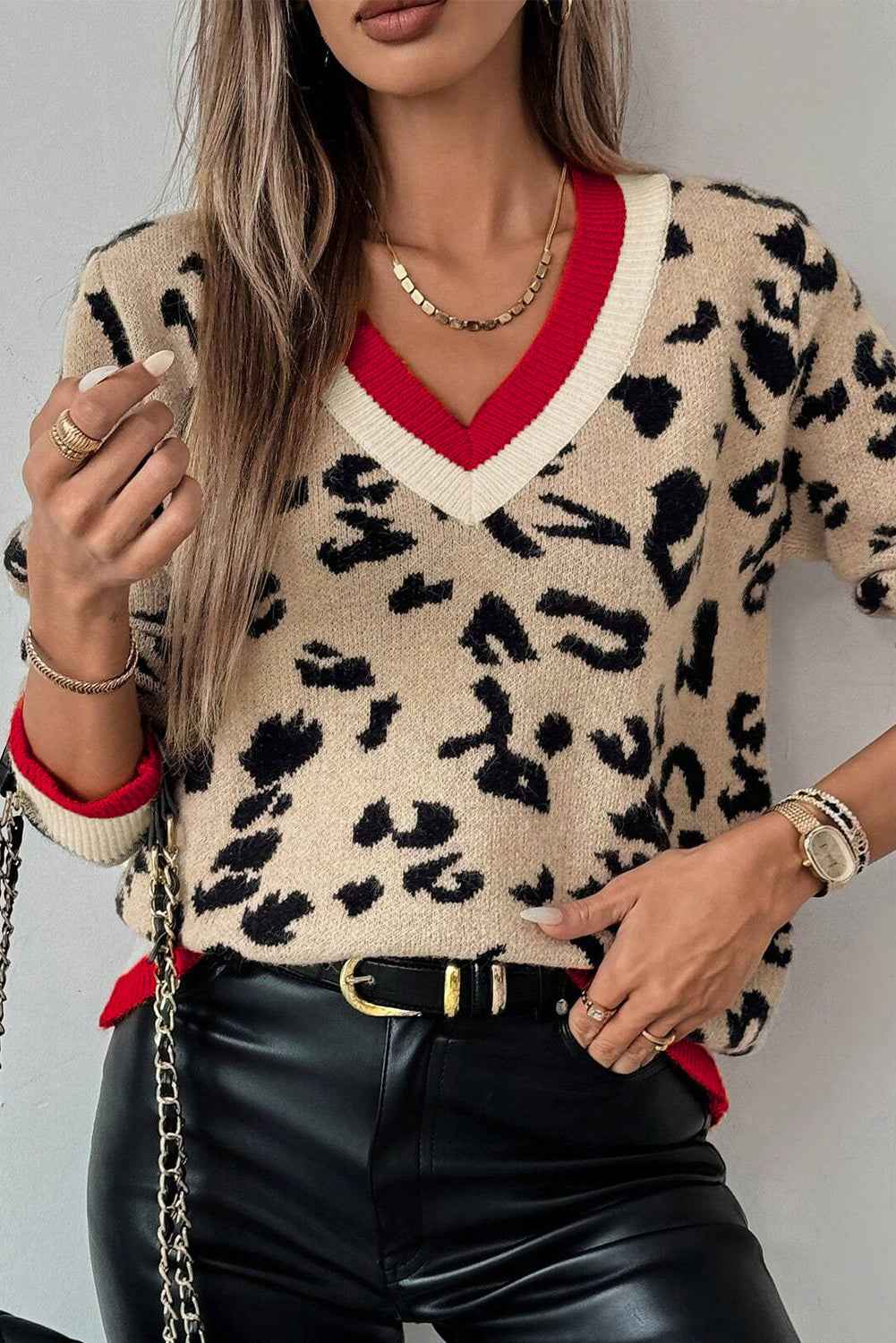 Khaki Leopard Pattern V-Neck Contrast Rib Knitted Sweater c9d36422ffede9fc