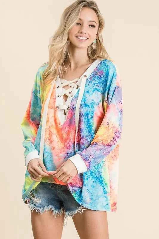 BiBi Tie Dye Deep V-neck Top With Lace Up Front c9dd4e52404243949272d0e91ffff794-Max-Origin