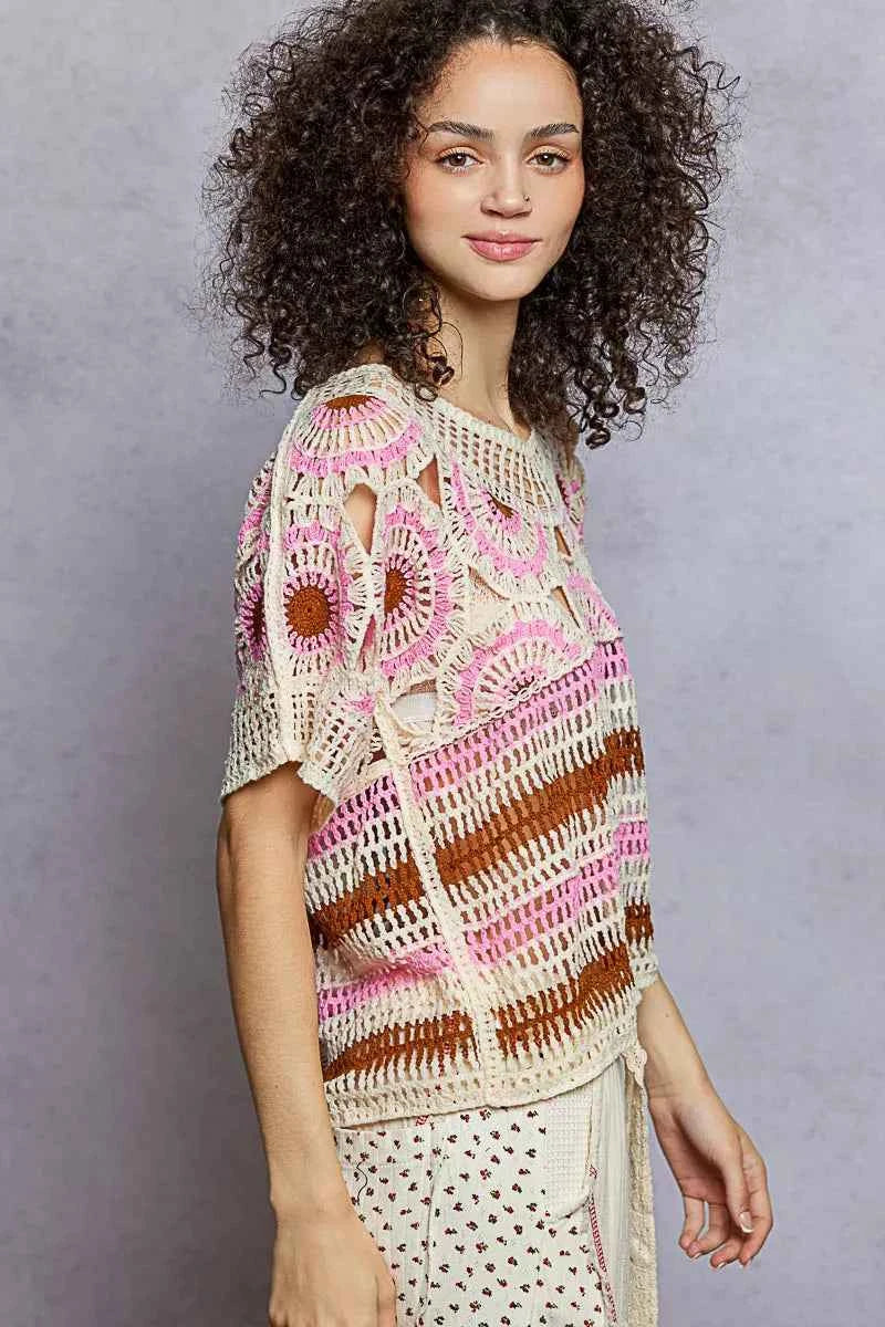 Weave Pattern Short Sleeve Crochet Top with Border Accents c9df01d5-b81b-4a72-997e-28a9df3e74d7-Max-Origin