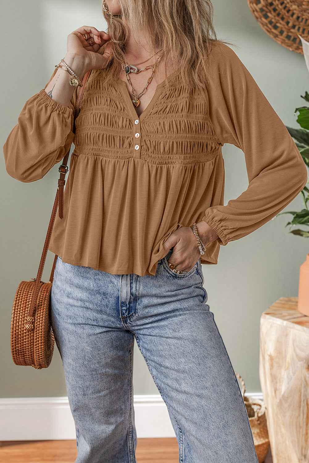 Black Smocked Bust Buttoned Split V Neck Flowy Blouse c9e2756bca569356