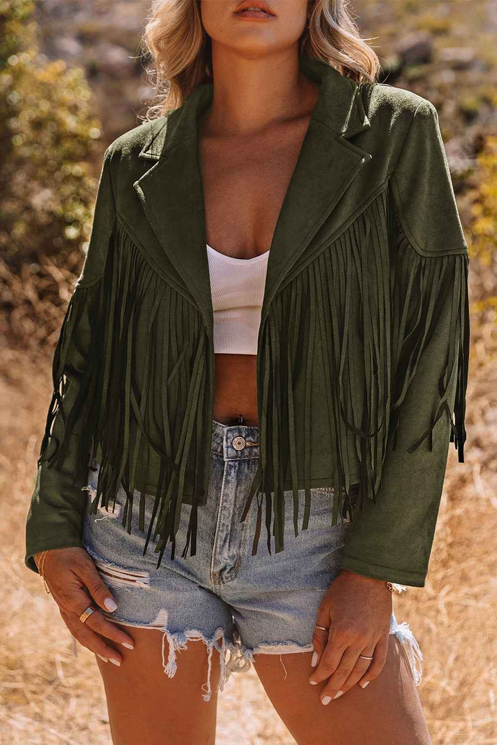 Green Cropped Fringe Faux Suede Jacket c9e2c55392eb8918
