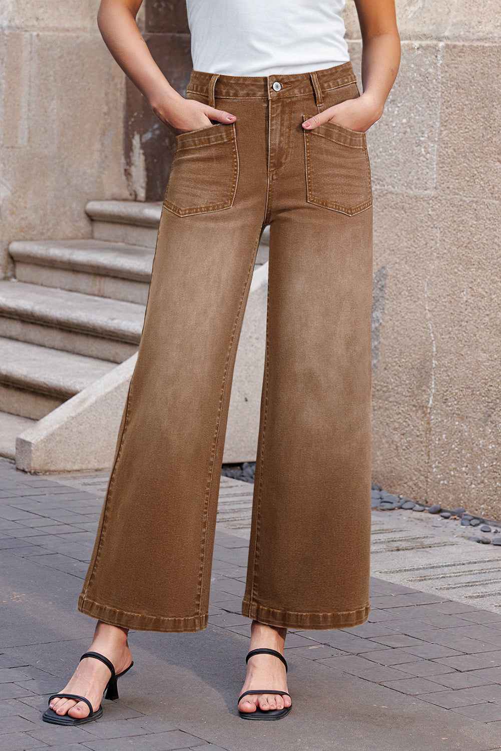 Brown Minimalist Patch Pocket High Waist Shift Jeans c9e88c56e521a5f1