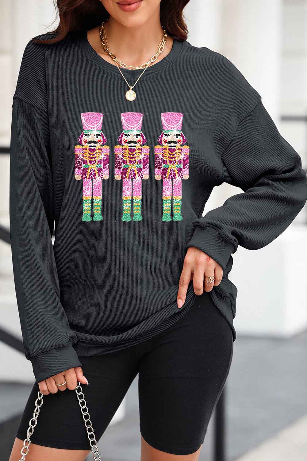 Black Nutcracker Graphic Sequins Patch Mineral Wash Corded Sweatshirt c9e9b5461d463997