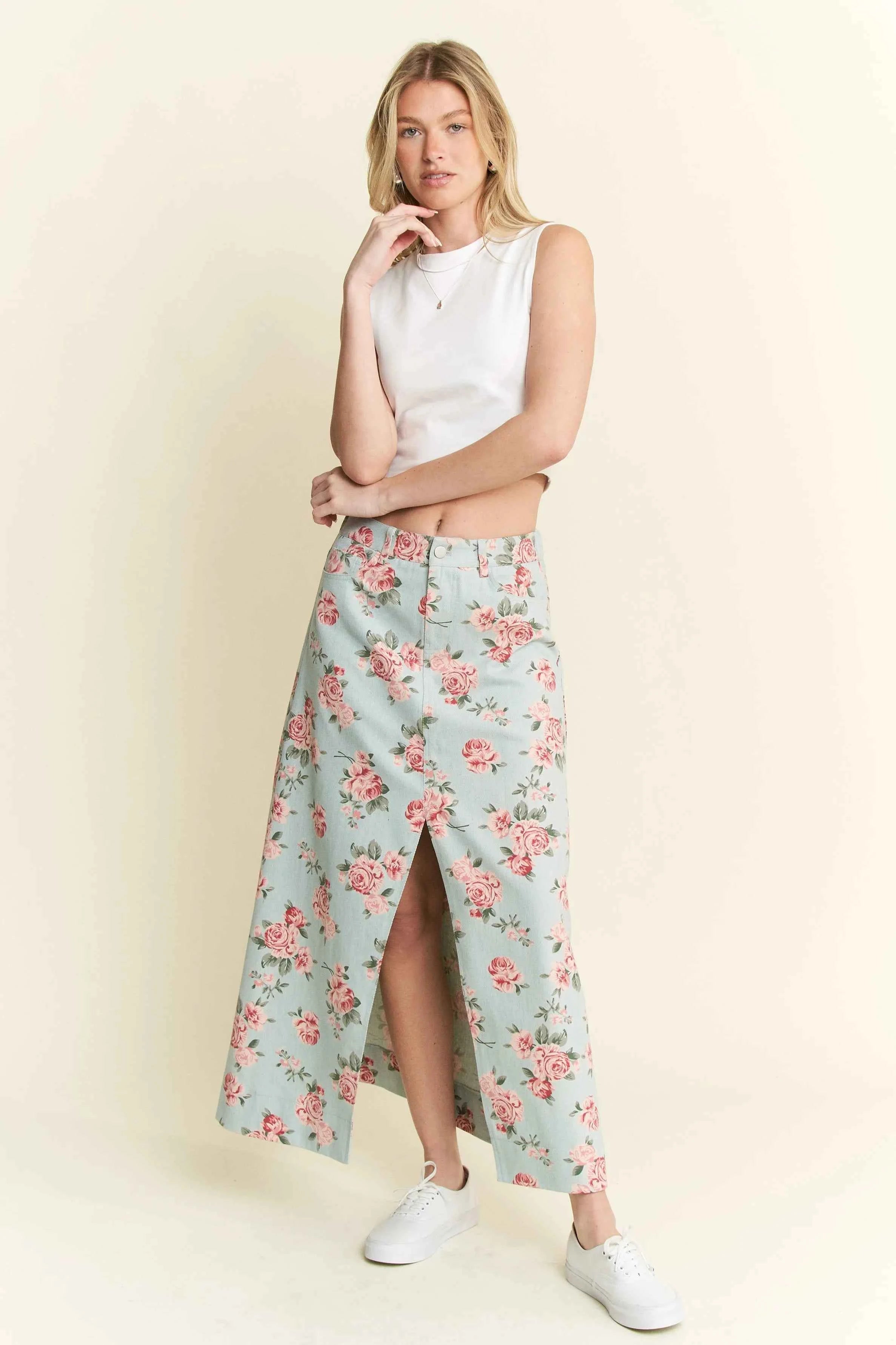 Jade By Jane Full Size Floral Print Front Slit Denim Maxi Skirt Plus Size L.DENIM c9e9e64519a94380aece693872a7282b-Max-Origin